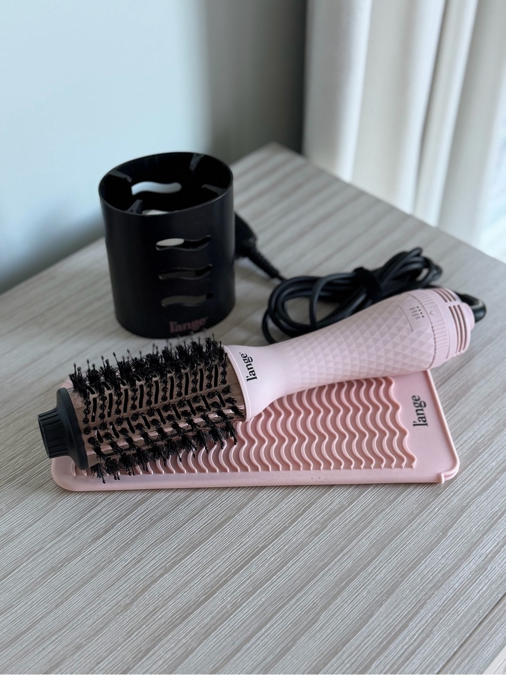 Authentic L’ange Heated Round Brush Blowout Set Pink w/ Holder & Cleaning Mat